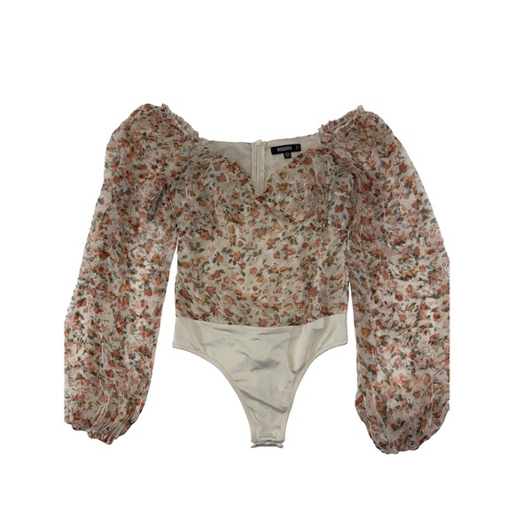 Missguided Tops - Misguided Sheer Off The Shoulder, Bodysuit‎ Zip Up Back, Dainty Orange Floral